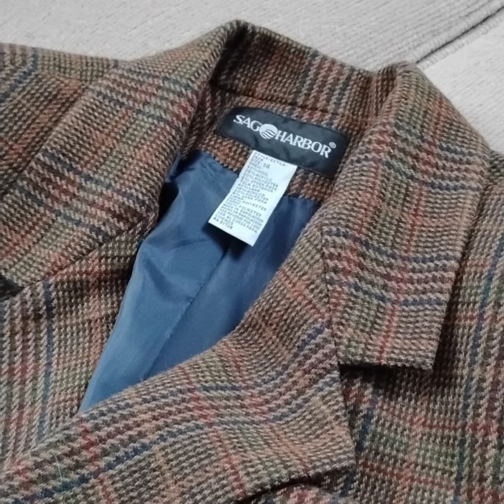 Vintage Sag Harbor Academia Wool Blend Plaid Oversized Blazer Women's Size 14 - Picture 2 of 8